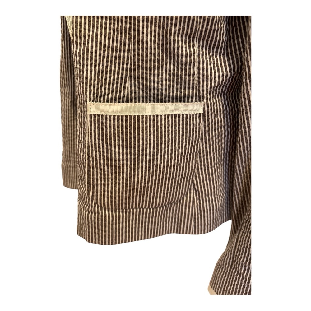 VTG LIZ CLAIBORNE SEERSUCKER PINSTRIPED BROWN & WHITE BLAZER W WHITE RIBBON TRIM - Picture 8 of 9